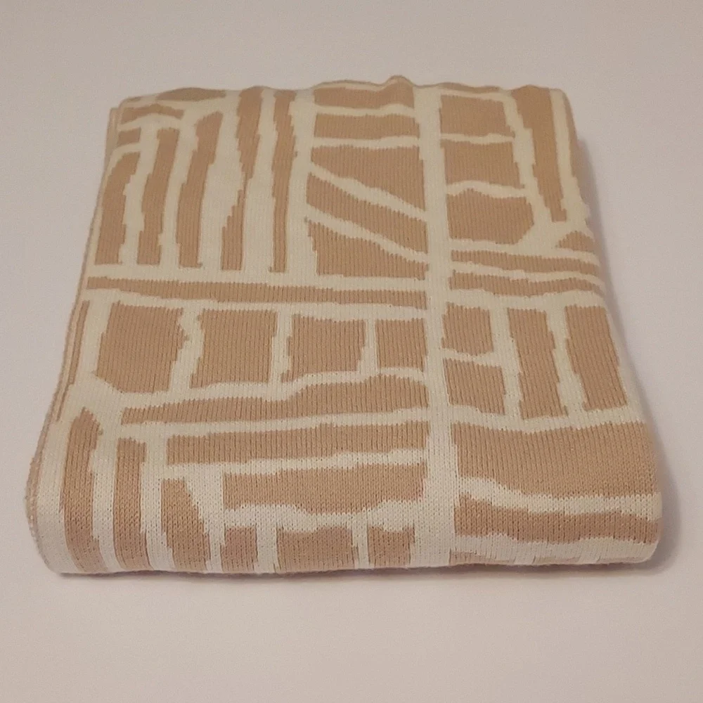 Mila.Vert Long Scarf Wrap Cotton beige Tan White Geometric Print Double Sided